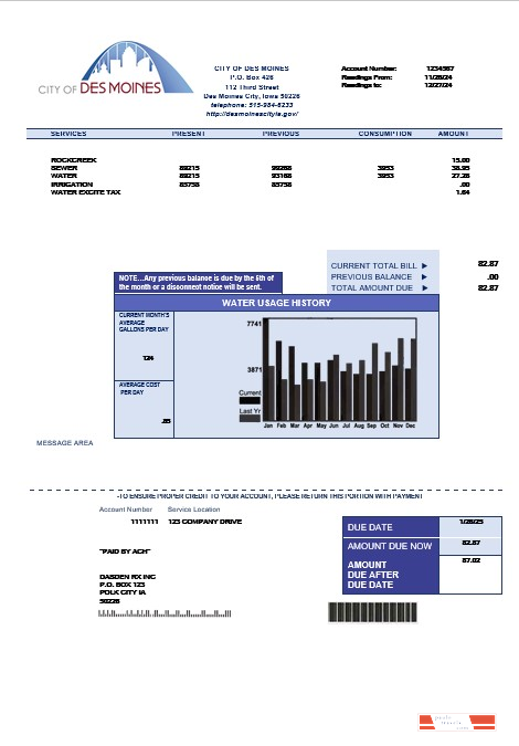 USA Iowa City of Des Moines water business utility bill template in Word and PDF formats